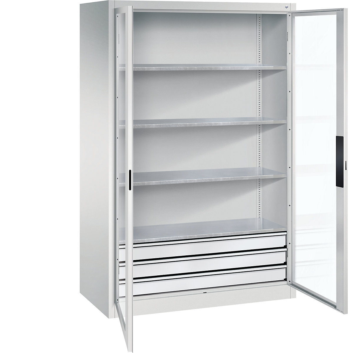 Armário com portas de batente e janela de visualização – C+P, AxLxP 1950 x 1200 x 600 mm, com 4 prateleiras, 3 gavetas, cinzento claro/cinzento claro-0
