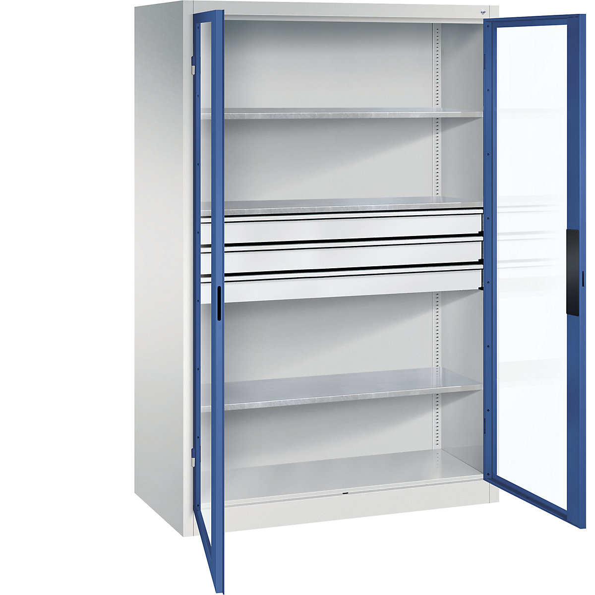 Armário com portas de batente e janela de visualização – C+P, AxLxP 1950 x 1200 x 600 mm, com 3 prateleiras, 3 gavetas, cinzento claro/azul genciana-0