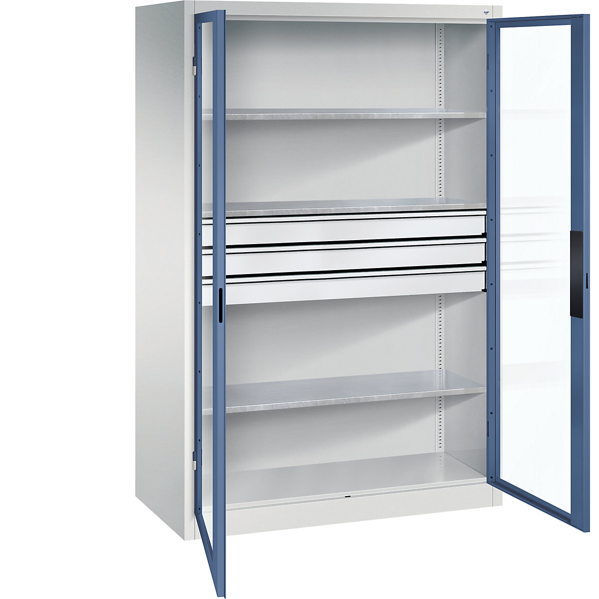 Armário com portas de batente e janela de visualização – C+P, AxLxP 1950 x 1200 x 600 mm, com 3 prateleiras, 3 gavetas, cinzento claro/azul distante-0
