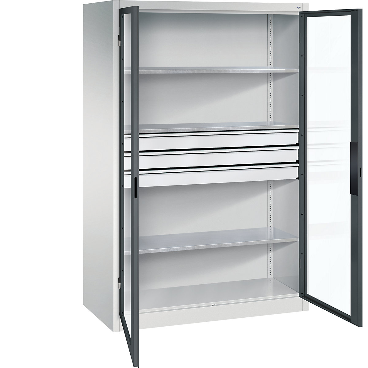 Armário com portas de batente e janela de visualização – C+P, AxLxP 1950 x 1200 x 600 mm, com 3 prateleiras, 3 gavetas, cinzento claro/cinzento antracite-0