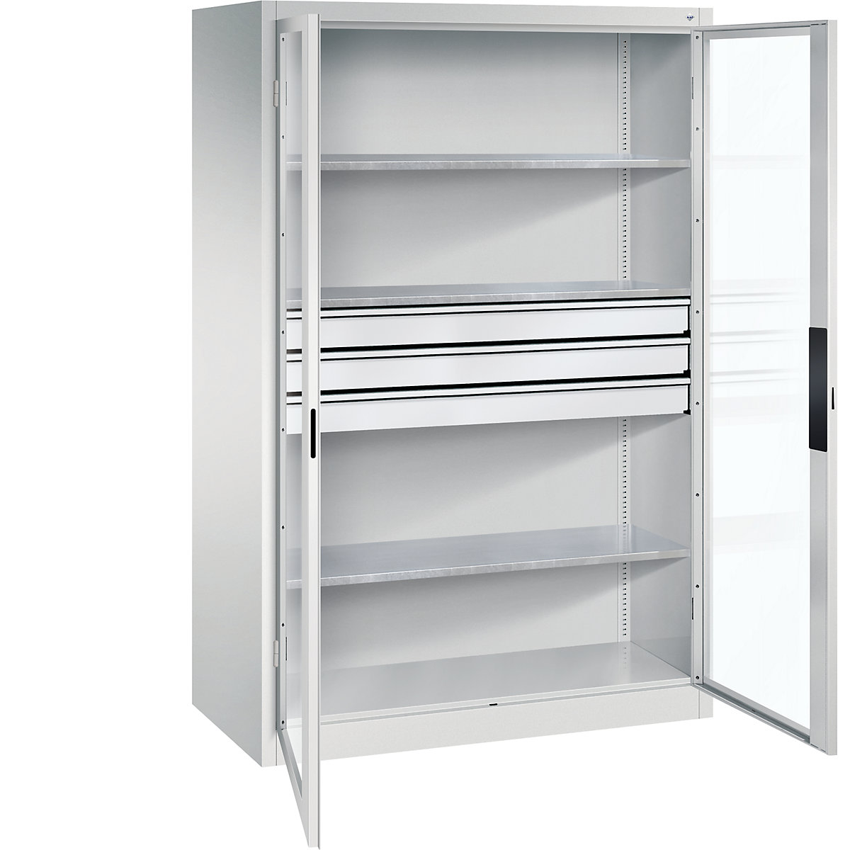 Armário com portas de batente e janela de visualização – C+P, AxLxP 1950 x 1200 x 600 mm, com 3 prateleiras, 3 gavetas, cinzento claro/cinzento claro-0