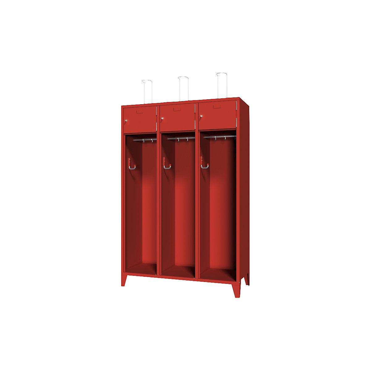 Armário de bombeiros com pés – Pavoy, porta em chapa maciça com armação para etiquetas, 3 compartimentos, 6 cacifos-0