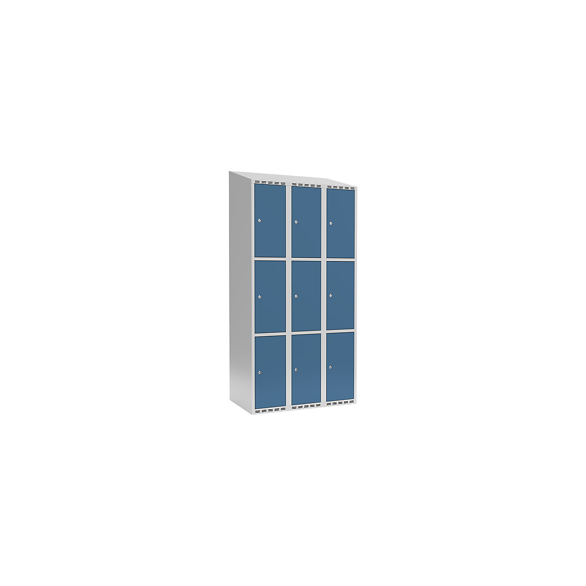 Armário de cacifos com 3 compartimentos Fydor, 3 compartimentos, cinzento claro/azul brilhante, L 900 mm, 3 compartimentos, forma de teto inclinado, fechadura de cilindro-0