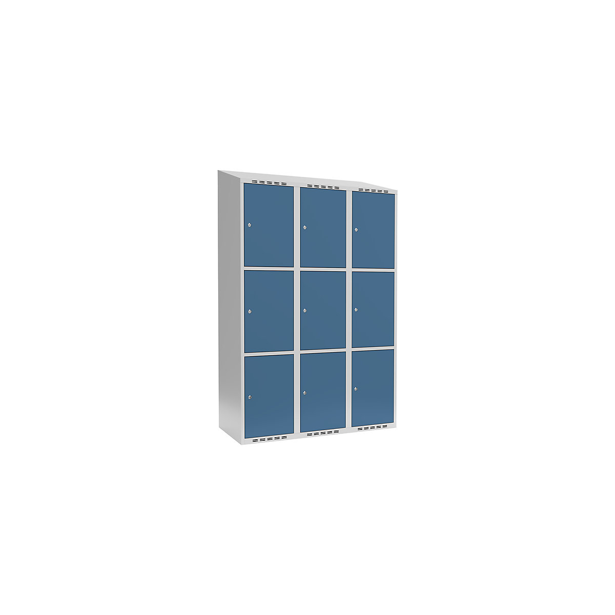 Armário de cacifos com 3 compartimentos Fydor, 3 compartimentos, cinzento claro/azul brilhante, L 1200 mm, 3 compartimentos, forma de teto inclinado, fechadura de cilindro-0