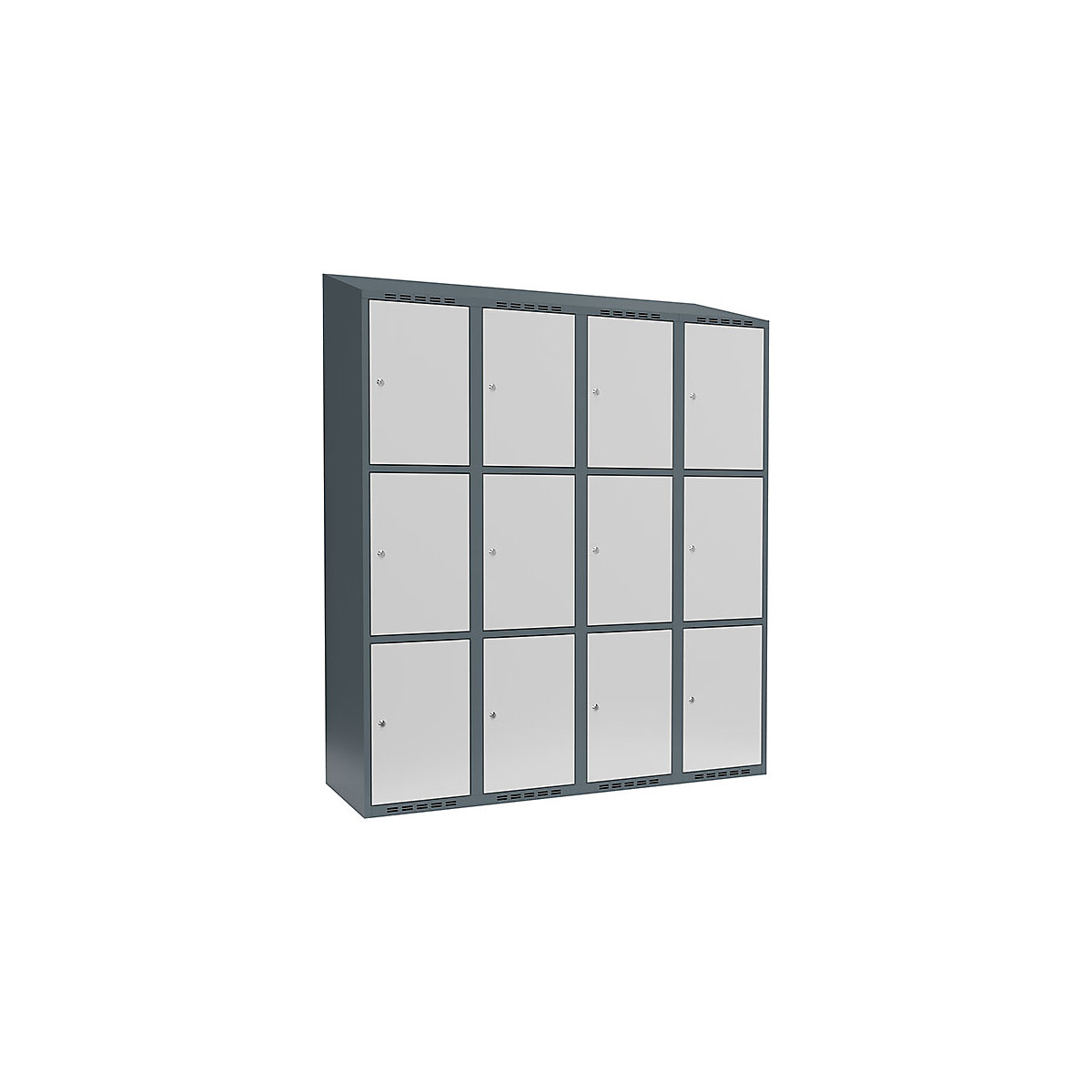 Armário de cacifos com 3 compartimentos Fydor, 4 compartimentos, cinzento azulado/cinzento claro, L 1200 mm, 4 compartimentos, forma de teto inclinado, fechadura de cilindro-0
