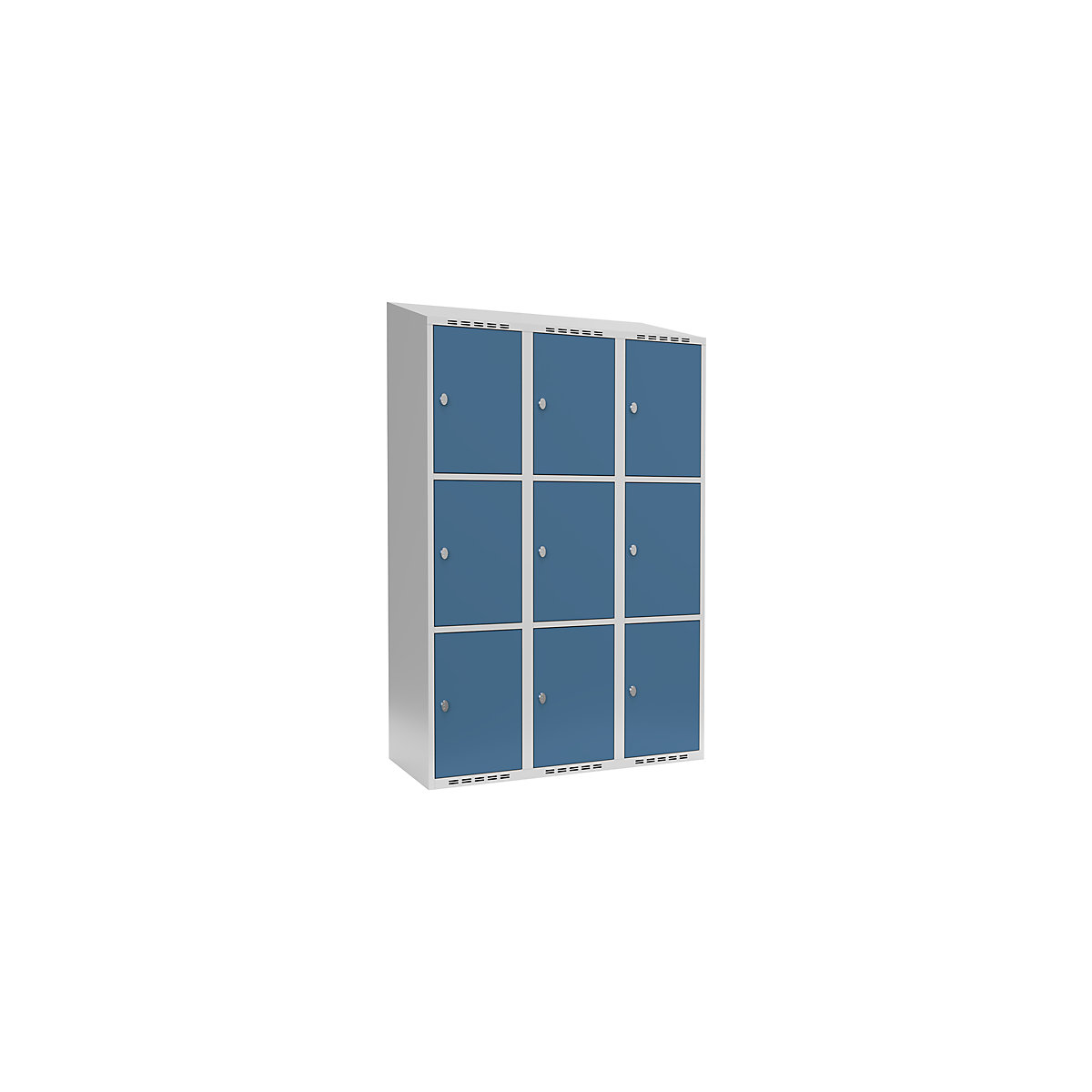 Armário de cacifos com 3 compartimentos Fydor, 3 compartimentos, cinzento claro/azul brilhante, L 1200 mm, 3 compartimentos, forma de teto inclinado, fecho de argola-0