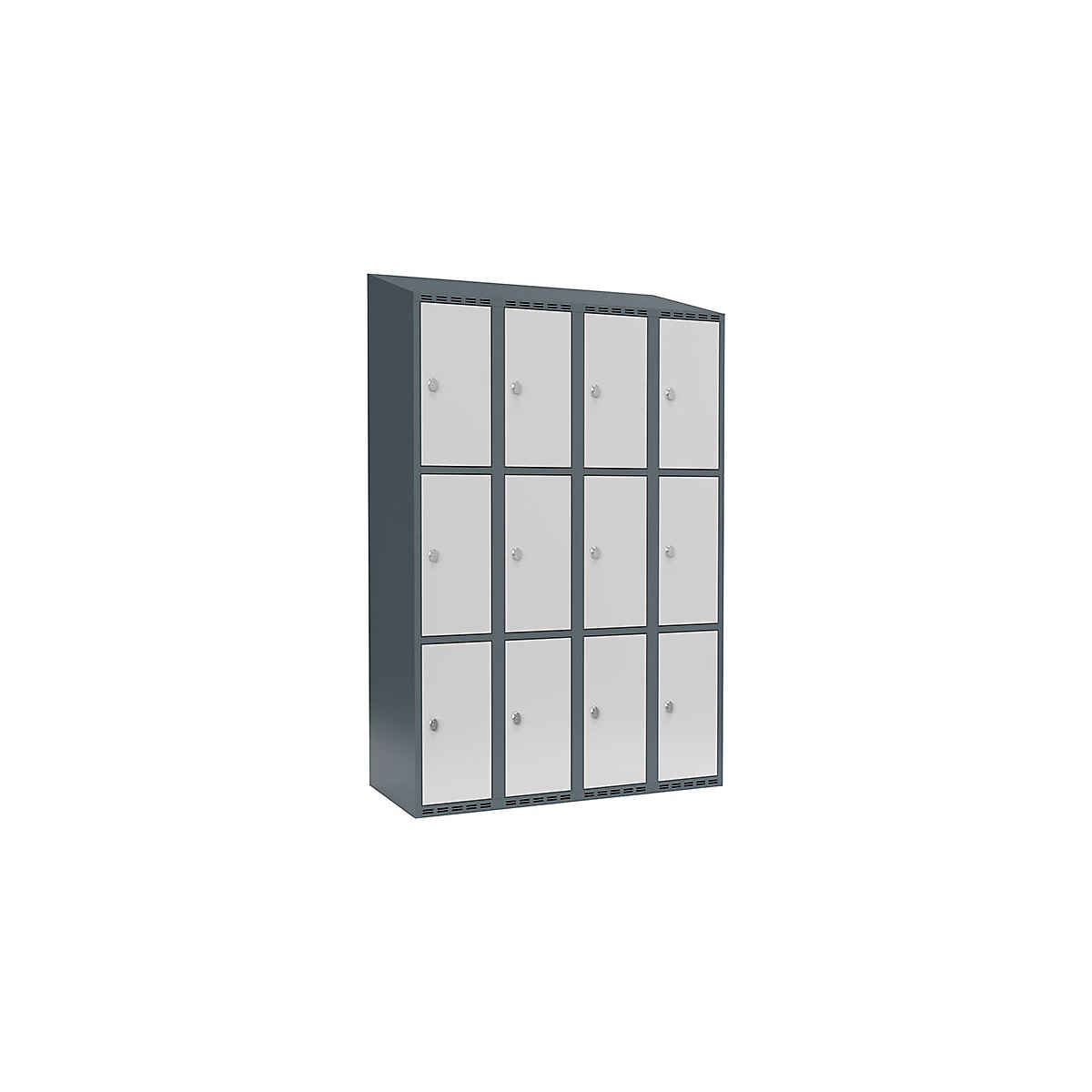 Armário de cacifos com 3 compartimentos Fydor, 4 compartimentos, cinzento azulado/cinzento claro, L 1200 mm, 4 compartimentos, forma de teto inclinado, fecho de argola-0