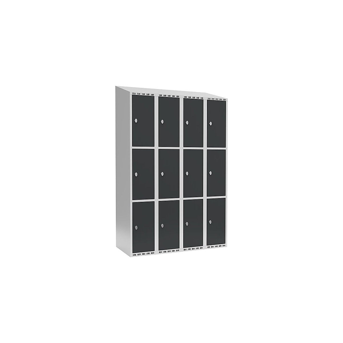 Armário de cacifos com 3 compartimentos Fydor, 4 compartimentos, cinzento claro/cinzento, L 1200 mm, 4 compartimentos, forma de teto inclinado, fecho de argola-0