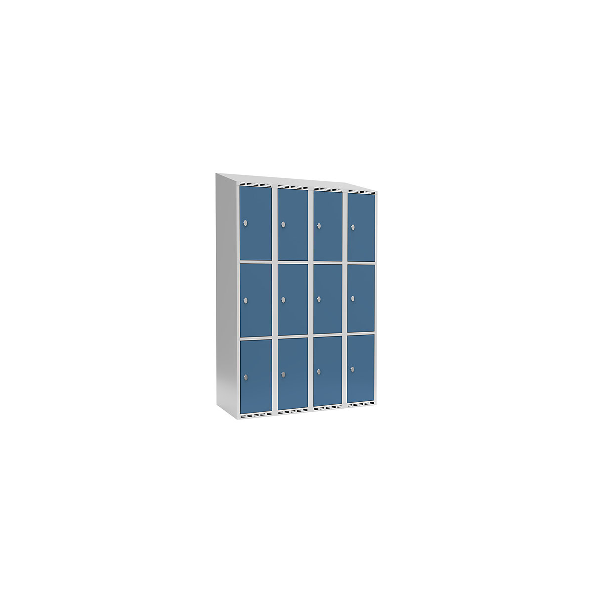 Armário de cacifos com 3 compartimentos Fydor, 4 compartimentos, cinzento claro/azul brilhante, L 1200 mm, 4 compartimentos, forma de teto inclinado, fecho de argola-0