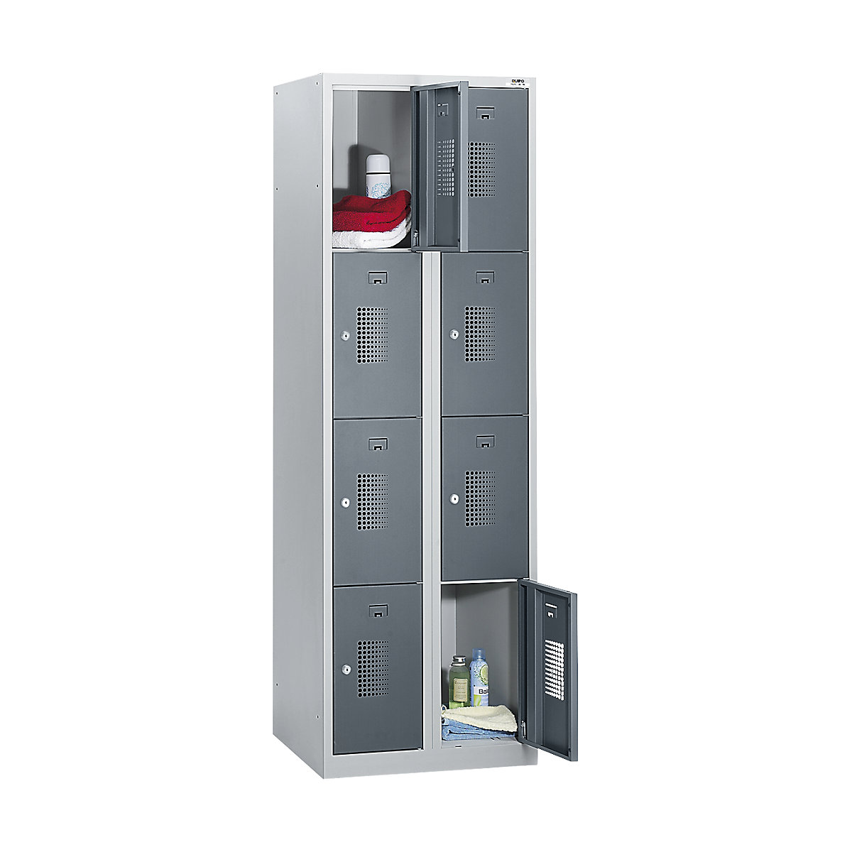 Armário de cacifos com 4 compartimentos Amsterdam – eurokraft basic, 2 compartimentos, cinzento claro/cinzento basalto, L 800 mm, 8 compartimentos, fechadura de cilindro-0