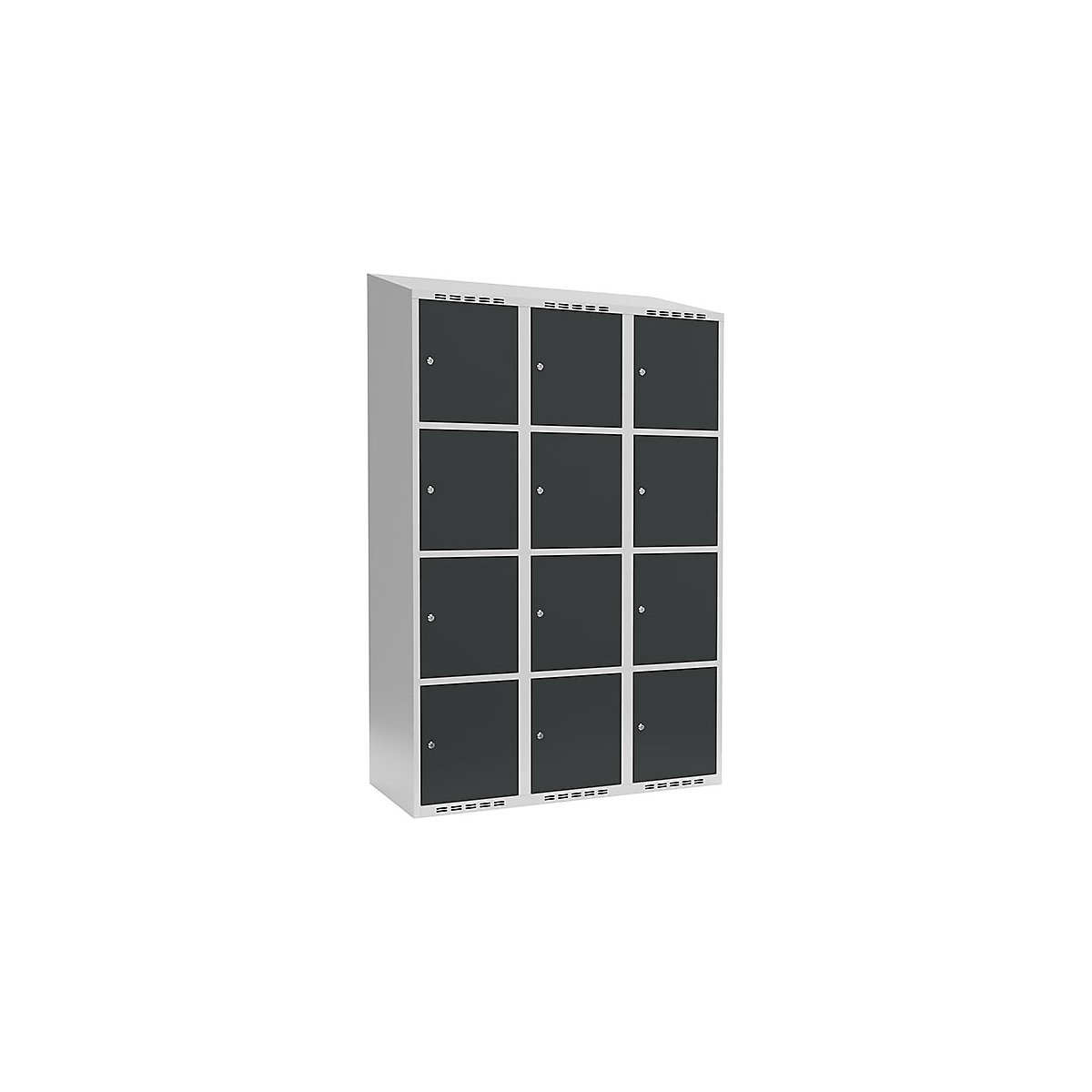 Armário de cacifos com 4 compartimentos Fydor, 3 compartimentos, cinzento claro/cinzento, L 1200 mm, 3 compartimentos, forma de teto inclinado, fechadura de cilindro-0