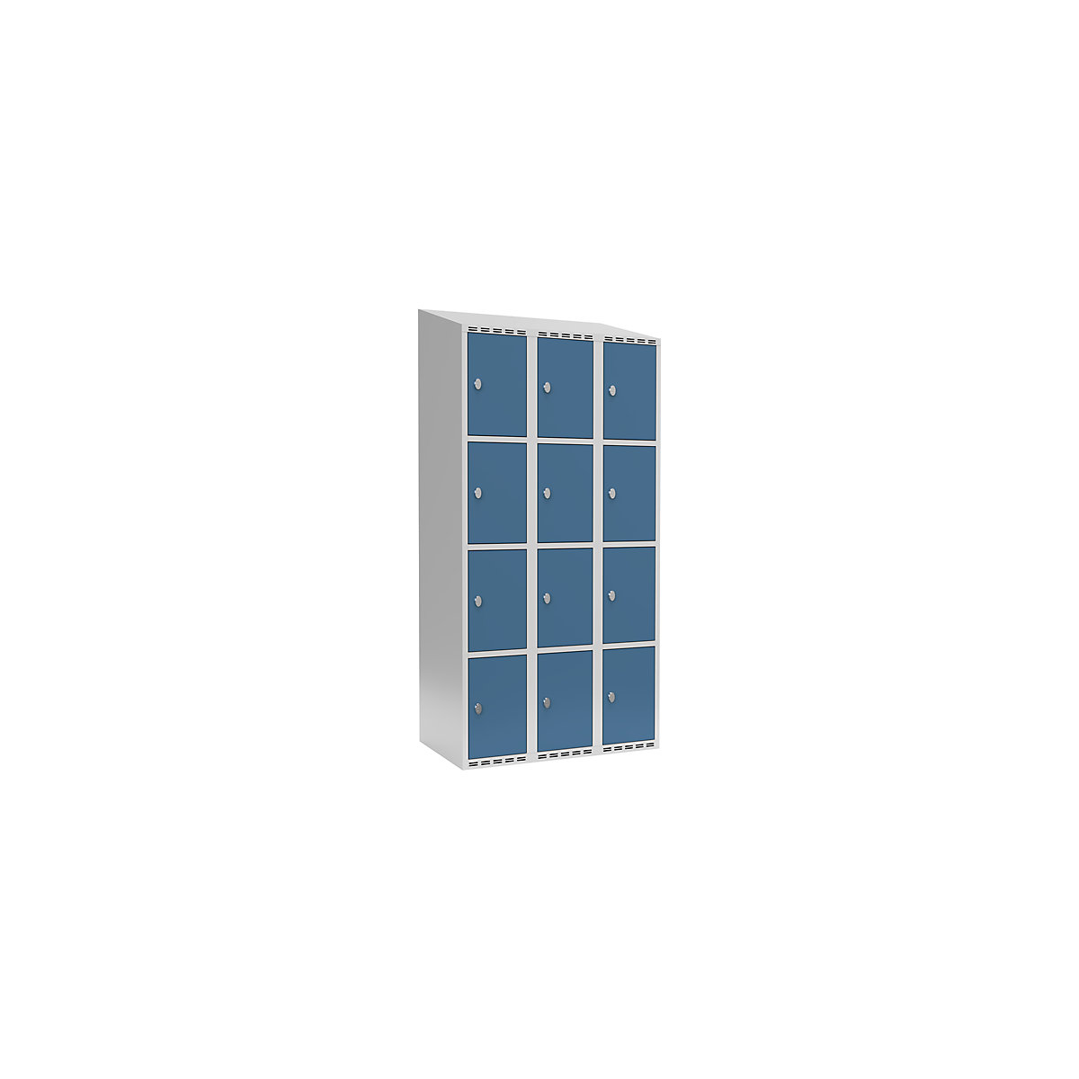 Armário de cacifos com 4 compartimentos Fydor, 3 compartimentos, cinzento claro/azul brilhante, L 900 mm, 3 compartimentos, forma de teto inclinado, fecho de argola-0
