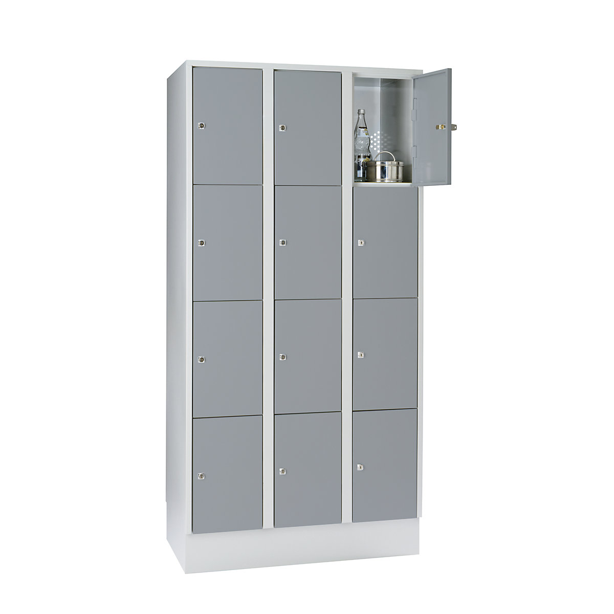 Armário de cacifos com 4 compartimentos München – Wolf, 3 compartimentos, cinzento claro/cinzento prateado, L 900 mm, com rodapé-0