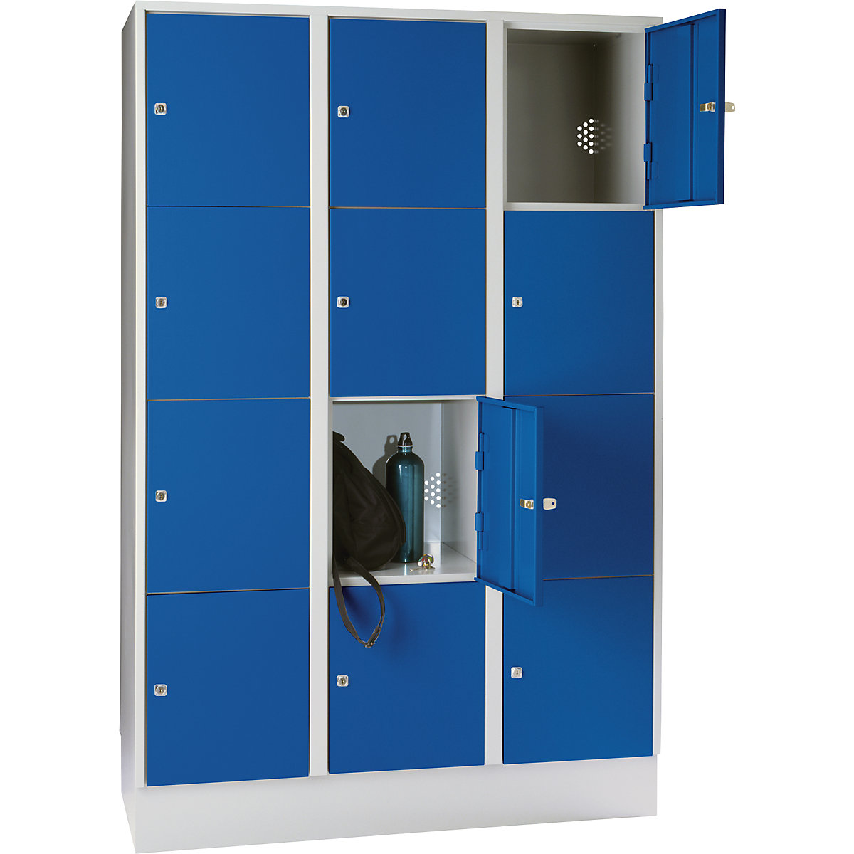 Armário de cacifos com 4 compartimentos München – Wolf, 3 compartimentos, cinzento claro/azul genciana, L 1200 mm, com rodapé-0