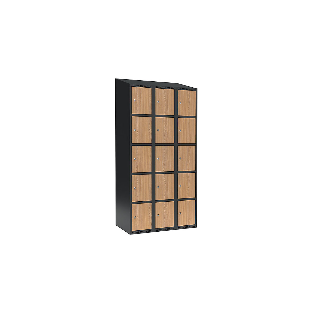 Armário de cacifos com 5 compartimentos Fydor, 3 compartimentos, cinzento/carvalho, L 900 mm, 3 compartimentos, forma de teto inclinado, fechadura de cilindro-0