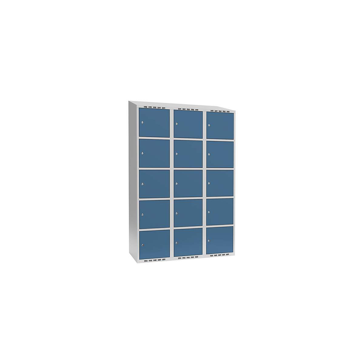 Armário de cacifos com 5 compartimentos Fydor, 3 compartimentos, cinzento claro/azul brilhante, L 1200 mm, 3 compartimentos, forma de teto inclinado, fechadura de cilindro-0