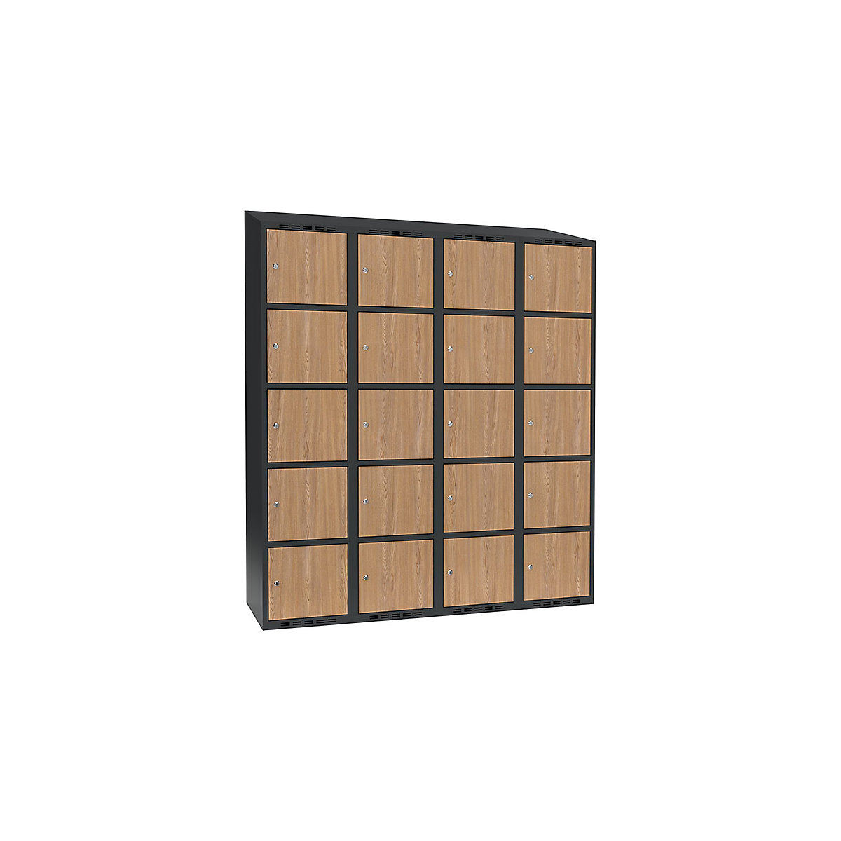 Armário de cacifos com 5 compartimentos Fydor, 4 compartimentos, cinzento/carvalho, L 1200 mm, 4 compartimentos, forma de teto inclinado, fechadura de cilindro-0
