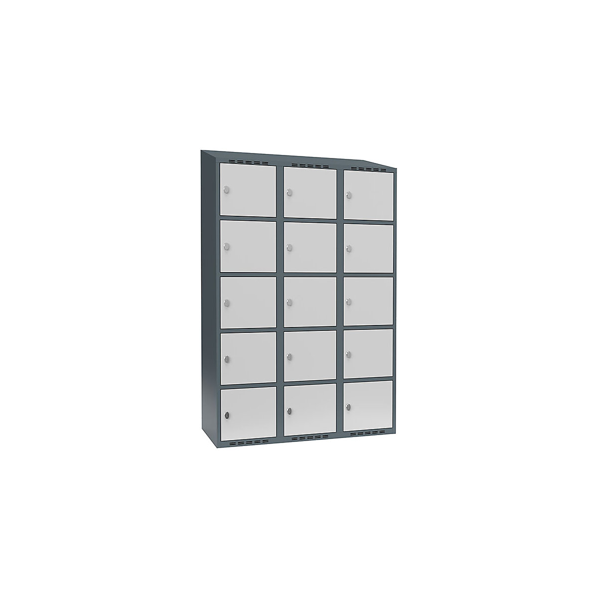 Armário de cacifos com 5 compartimentos Fydor, 3 compartimentos, cinzento azulado/cinzento claro, L 1200 mm, 3 compartimentos, forma de teto inclinado, fecho de argola-0