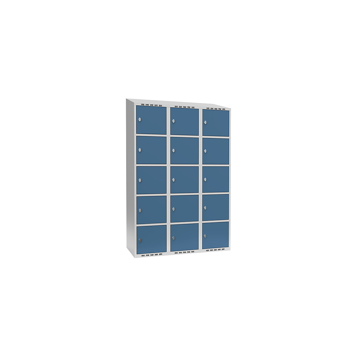 Armário de cacifos com 5 compartimentos Fydor, 3 compartimentos, cinzento claro/azul brilhante, L 1200 mm, 3 compartimentos, forma de teto inclinado, fecho de argola-0
