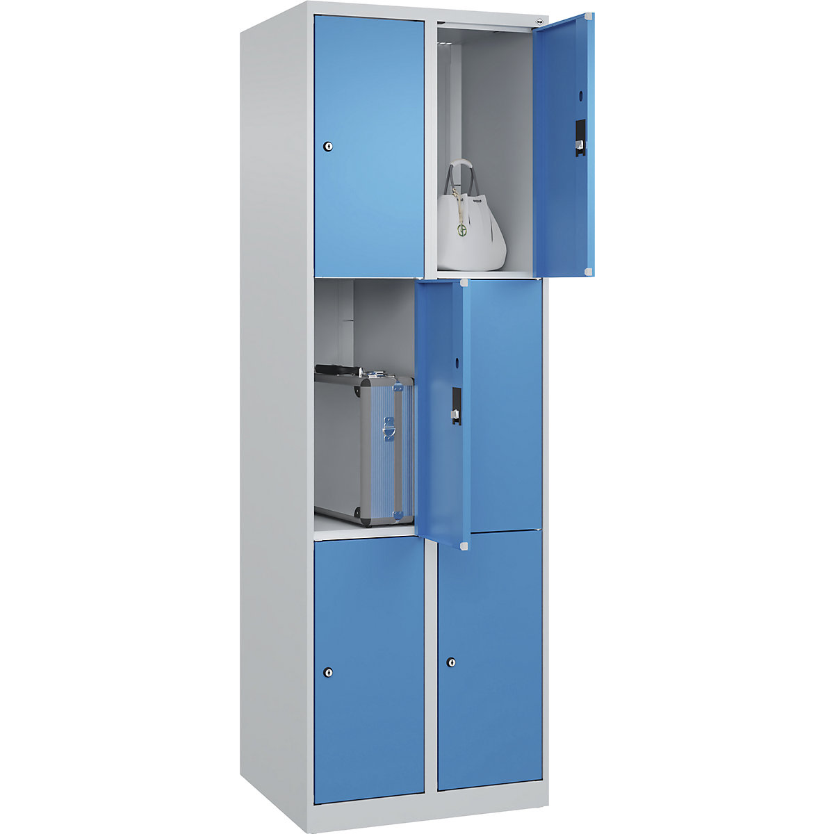 Armário de cacifos de 3 andares Classic PLUS – C+P, 2 compartimentos, cinzento claro/azul claro, L 600 mm, 6 compartimentos, com sapatas-0