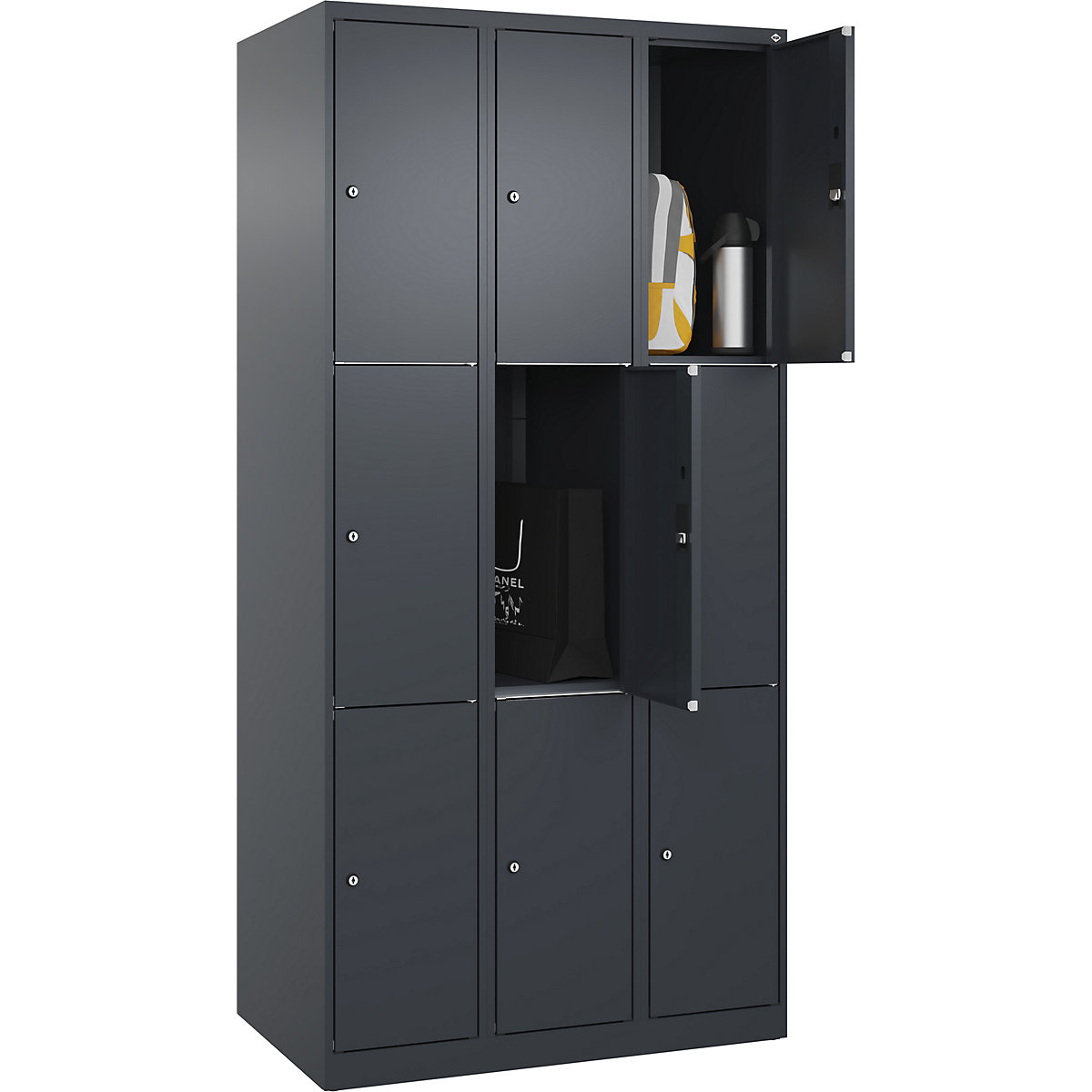 Armário de cacifos de 3 andares Classic PLUS – C+P, 3 compartimentos, cinzento, L 900 mm, 9 compartimentos, com sapatas-0