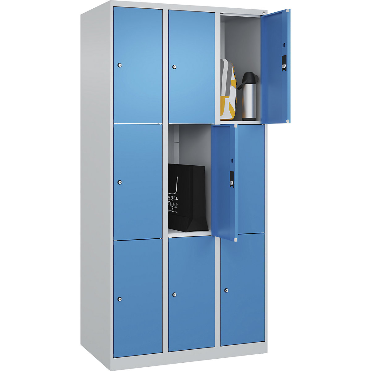 Armário de cacifos de 3 andares Classic PLUS – C+P, 3 compartimentos, cinzento claro/azul claro, L 900 mm, 9 compartimentos, com sapatas-0