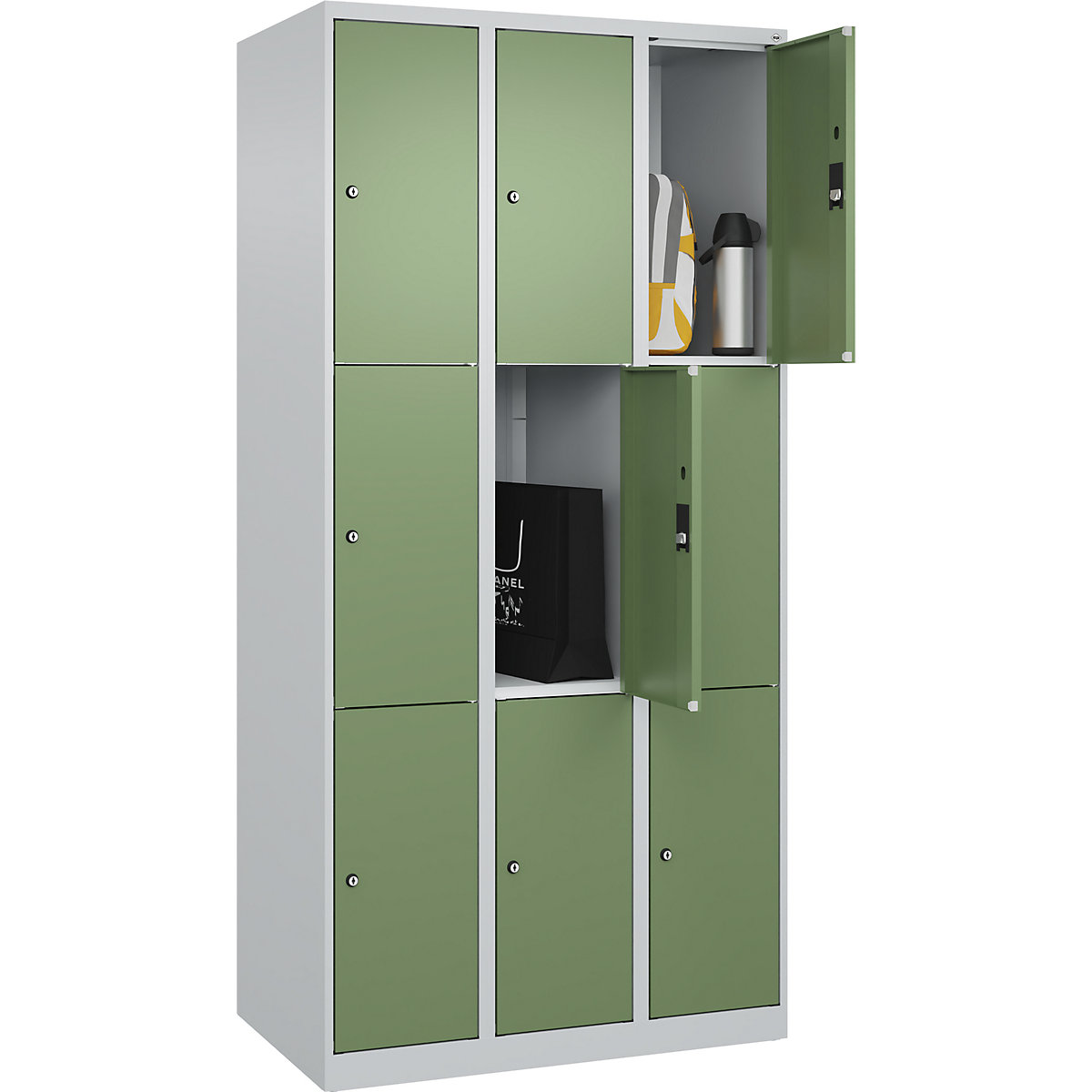 Armário de cacifos de 3 andares Classic PLUS – C+P, 3 compartimentos, cinzento claro/verde reseda, L 900 mm, 9 compartimentos, com sapatas-0