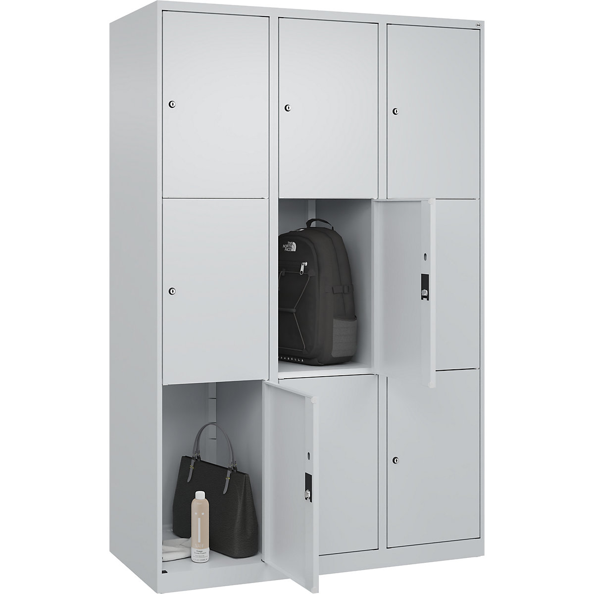Armário de cacifos de 3 andares Classic PLUS – C+P, 3 compartimentos, cinzento claro, L 1200 mm, 9 compartimentos, com sapatas-0