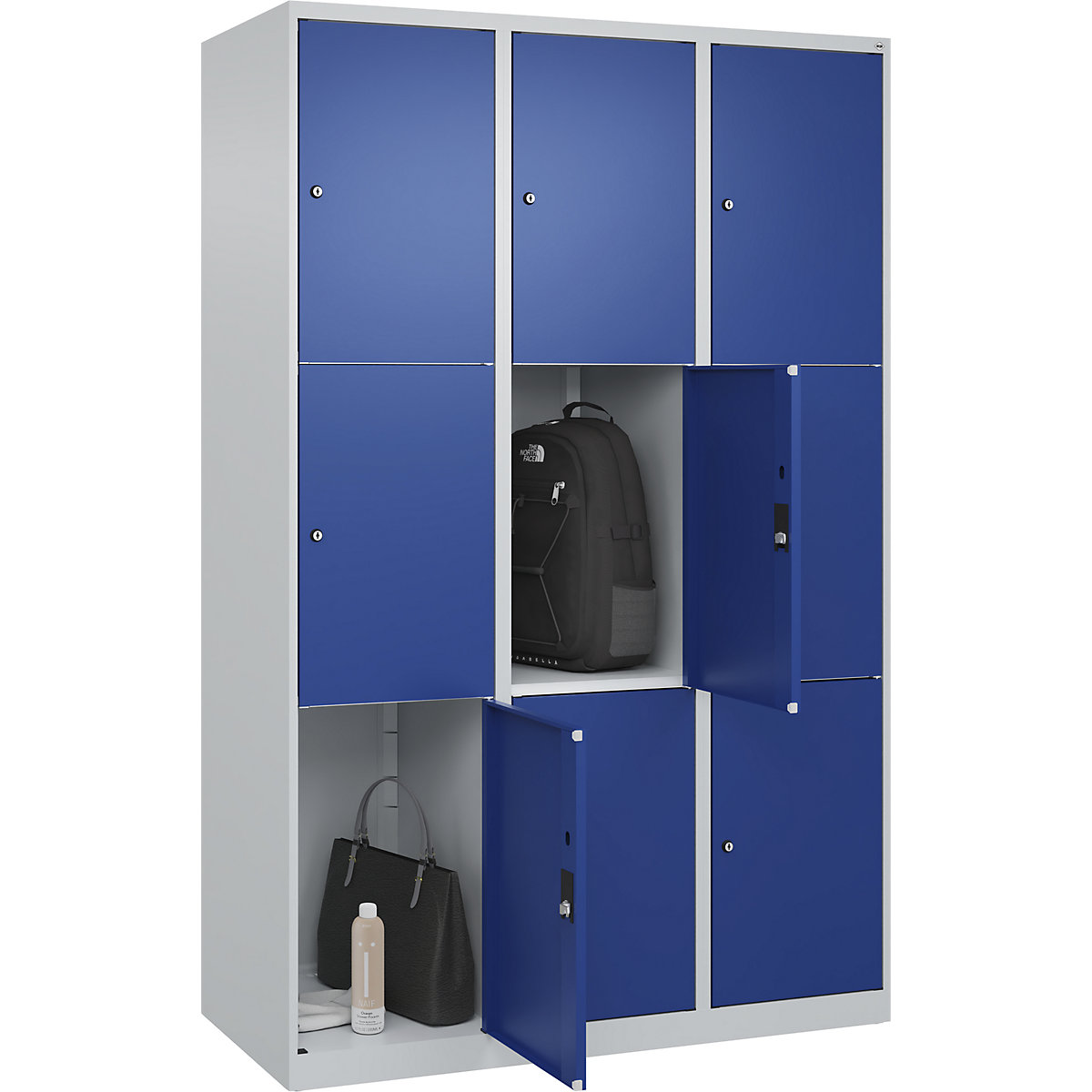 Armário de cacifos de 3 andares Classic PLUS – C+P, 3 compartimentos, cinzento claro/azul genciana, L 1200 mm, 9 compartimentos, com sapatas-0