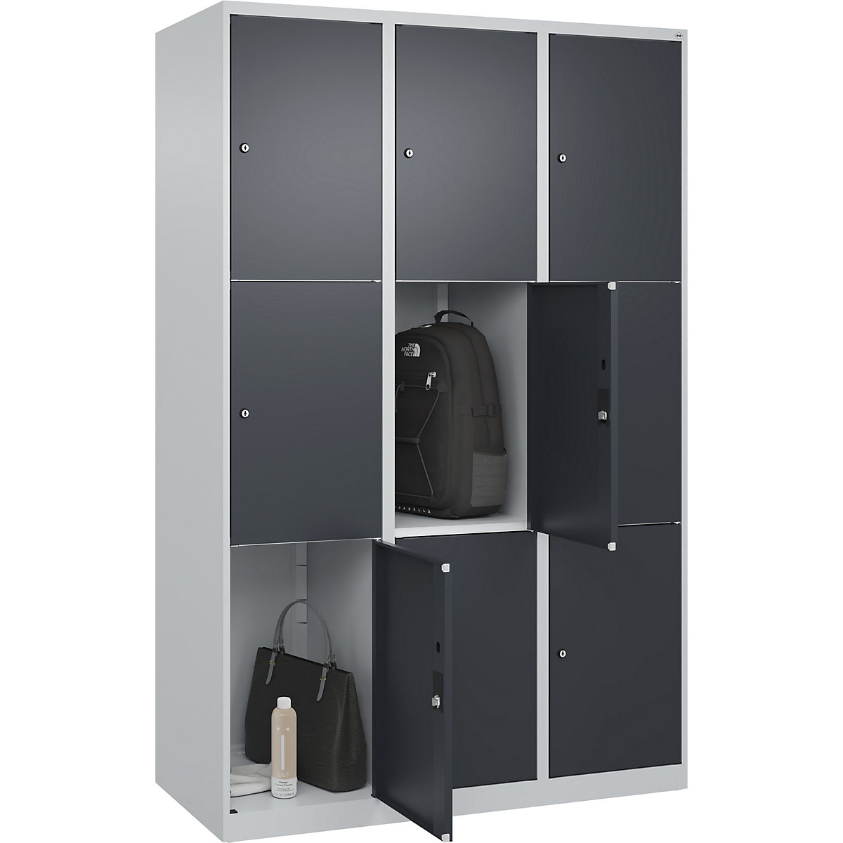 Armário de cacifos de 3 andares Classic PLUS – C+P, 3 compartimentos, cinzento claro/cinzento, L 1200 mm, 9 compartimentos, com sapatas-0