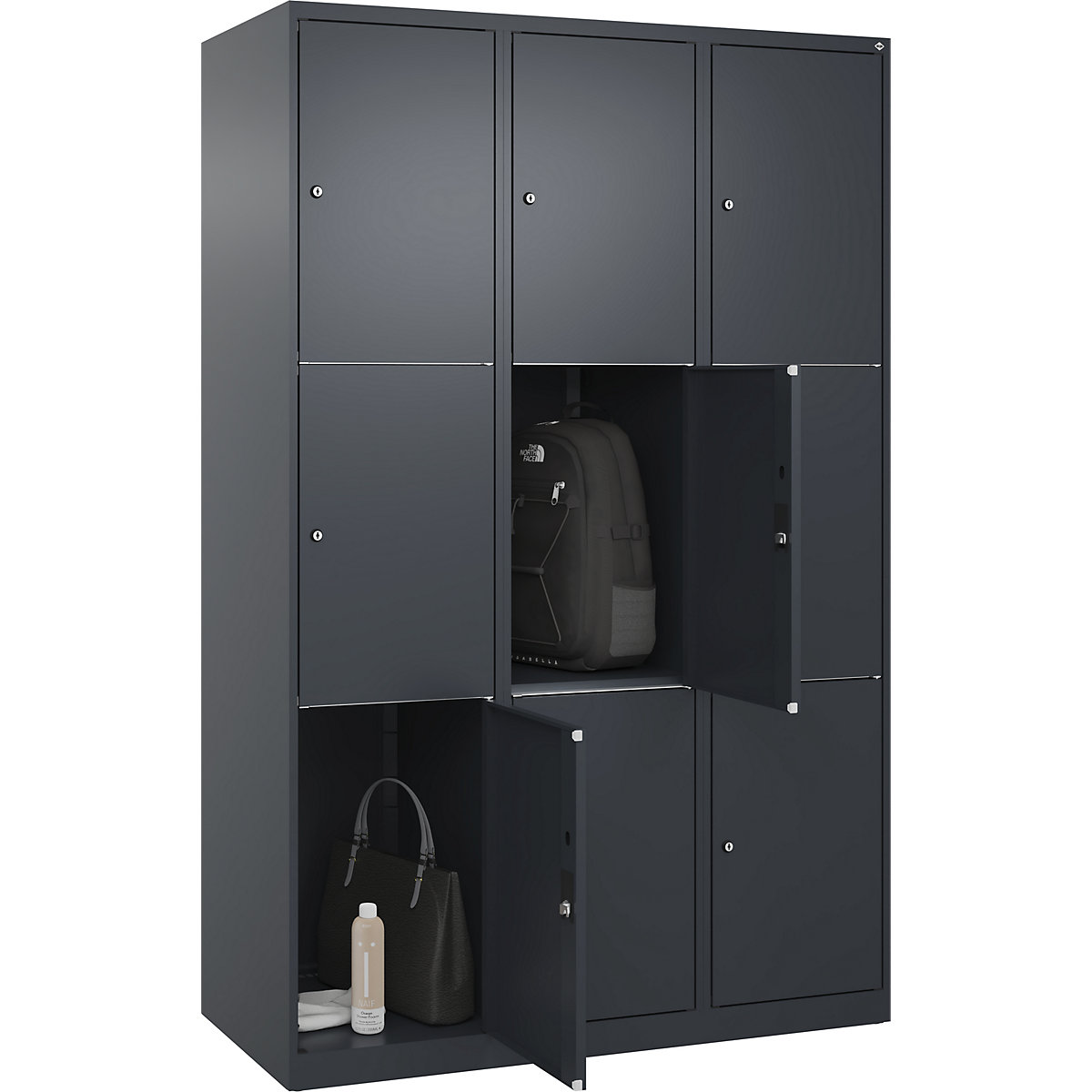 Armário de cacifos de 3 andares Classic PLUS – C+P, 3 compartimentos, cinzento, L 1200 mm, 9 compartimentos, com sapatas-0