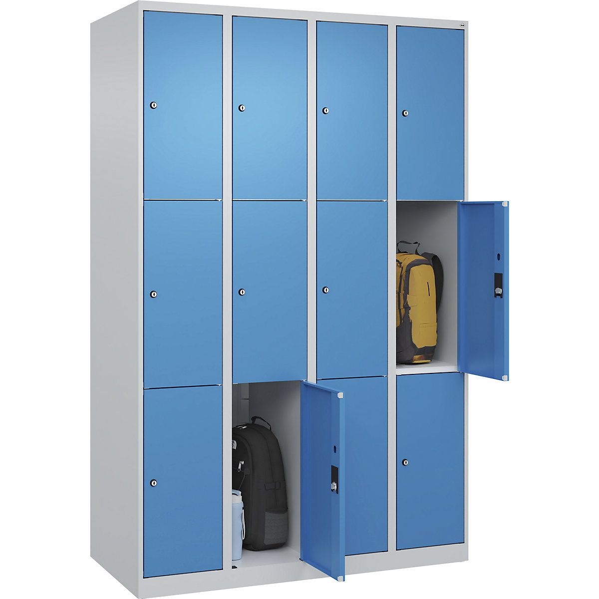 Armário de cacifos de 3 andares Classic PLUS – C+P, 4 compartimentos, cinzento claro/azul claro, L 1200 mm, 12 compartimentos, com sapatas-0