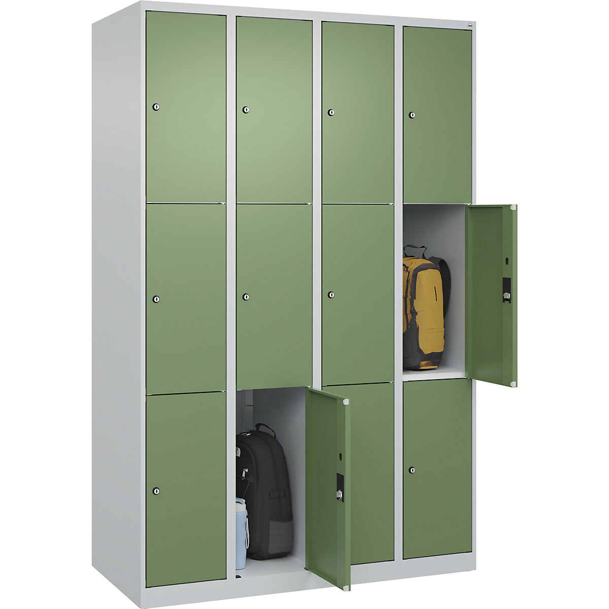 Armário de cacifos de 3 andares Classic PLUS – C+P, 4 compartimentos, cinzento claro/verde reseda, L 1200 mm, 12 compartimentos, com sapatas-0