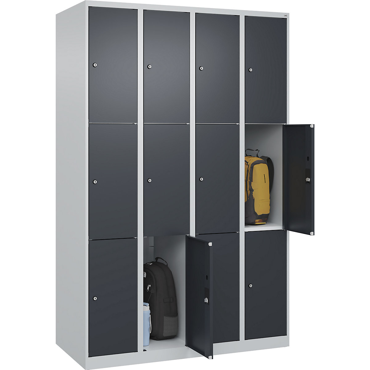 Armário de cacifos de 3 andares Classic PLUS – C+P, 4 compartimentos, cinzento claro/cinzento, L 1200 mm, 12 compartimentos, com sapatas-0