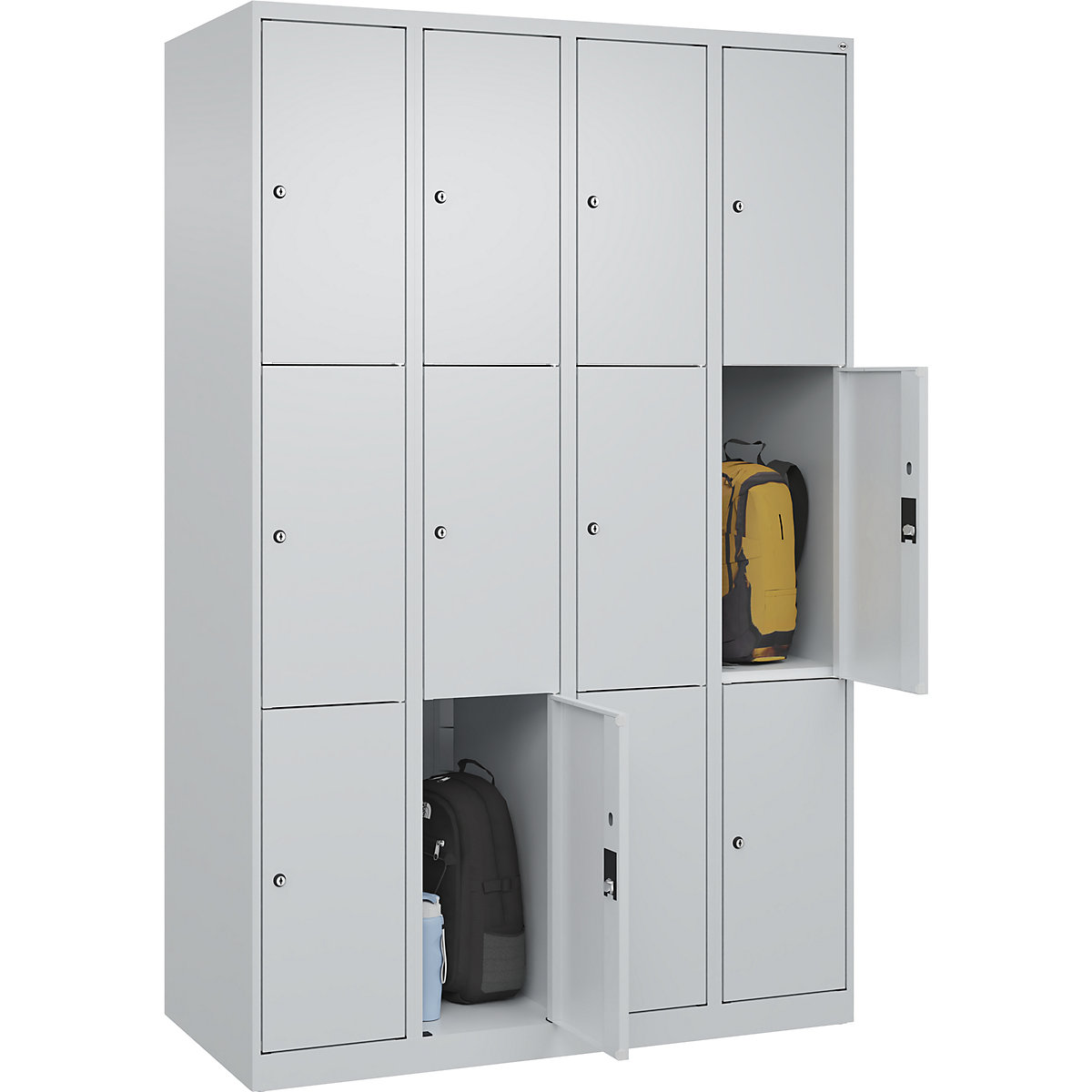 Armário de cacifos de 3 andares Classic PLUS – C+P, 4 compartimentos, cinzento claro, L 1200 mm, 12 compartimentos, com sapatas-0