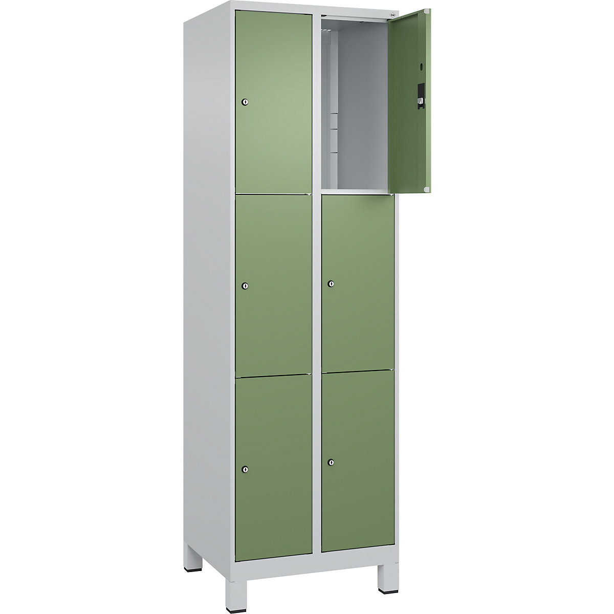 Armário de cacifos de 3 andares Classic PLUS – C+P, 2 compartimentos, cinzento claro/verde reseda, L 600 mm, 6 compartimentos, com pés-0