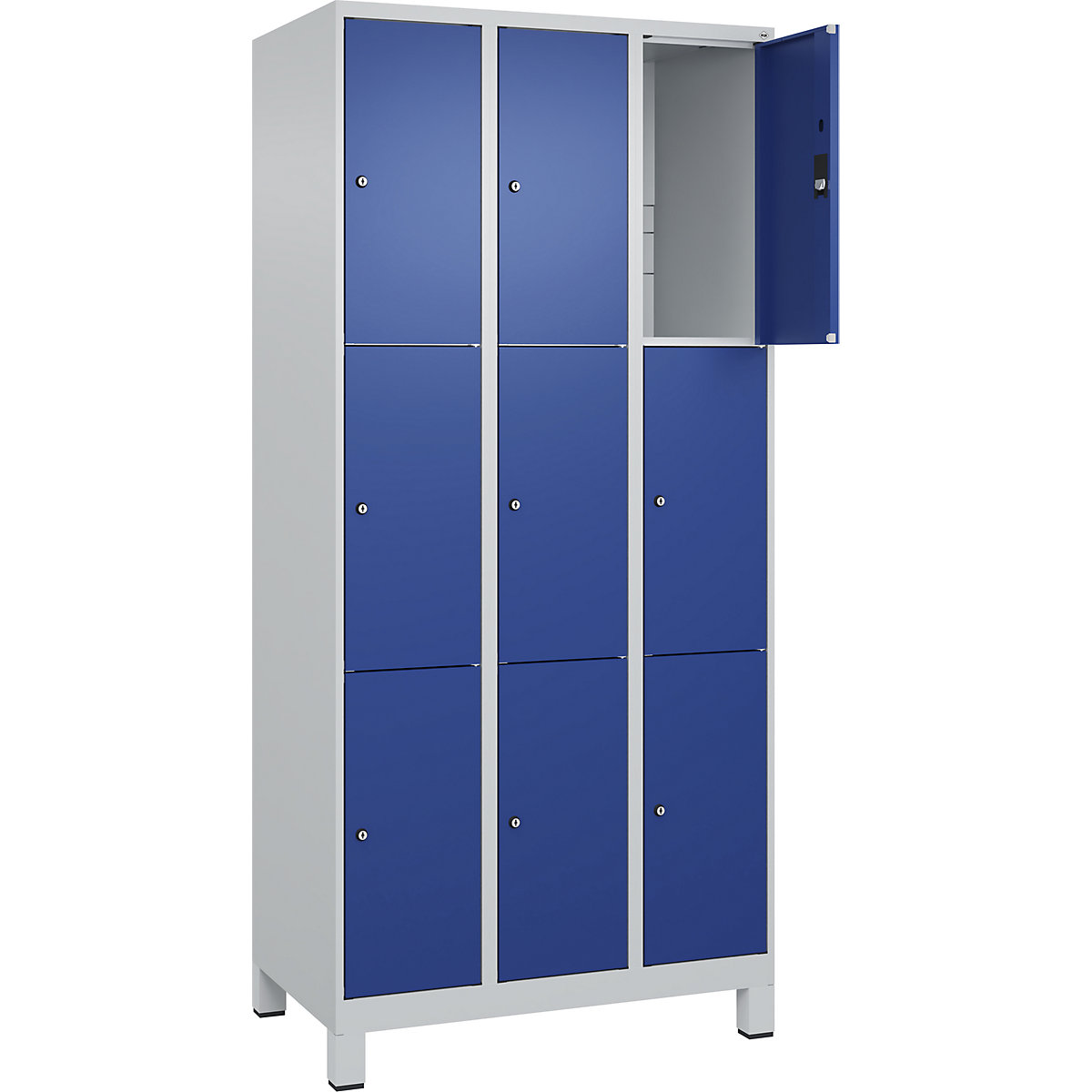 Armário de cacifos de 3 andares Classic PLUS – C+P, 3 compartimentos, cinzento claro/azul genciana, L 900 mm, 9 compartimentos, com pés-0