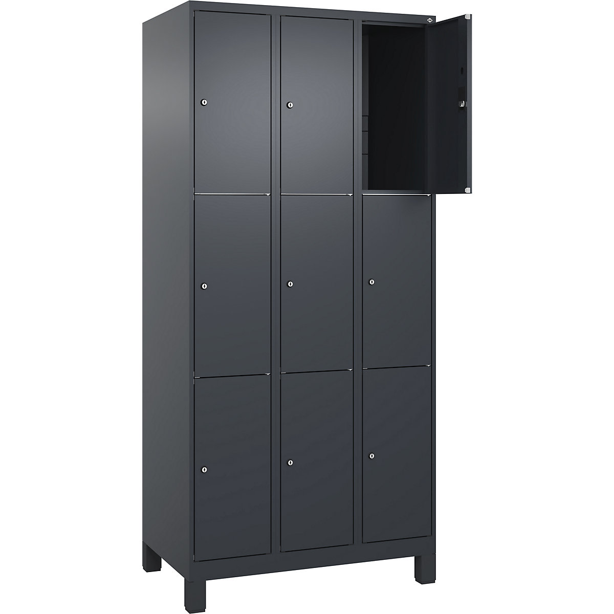 Armário de cacifos de 3 andares Classic PLUS – C+P, 3 compartimentos, cinzento, L 900 mm, 9 compartimentos, com pés-0