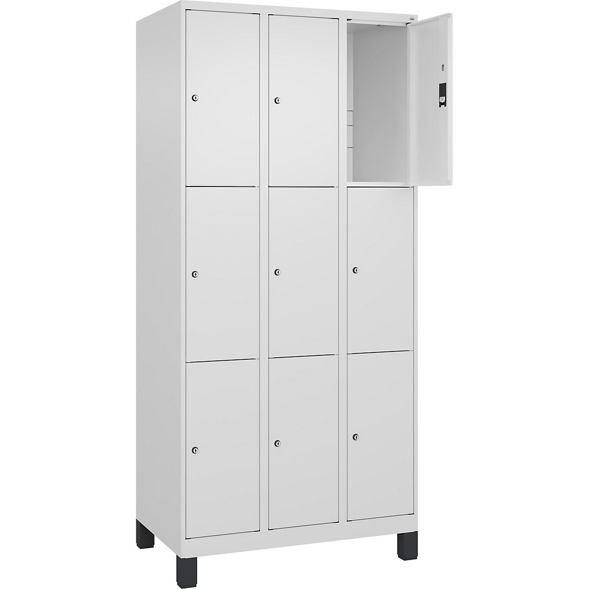 Armário de cacifos de 3 andares Classic PLUS – C+P, 3 compartimentos, branco trânsito, L 900 mm, 9 compartimentos, com pés-0