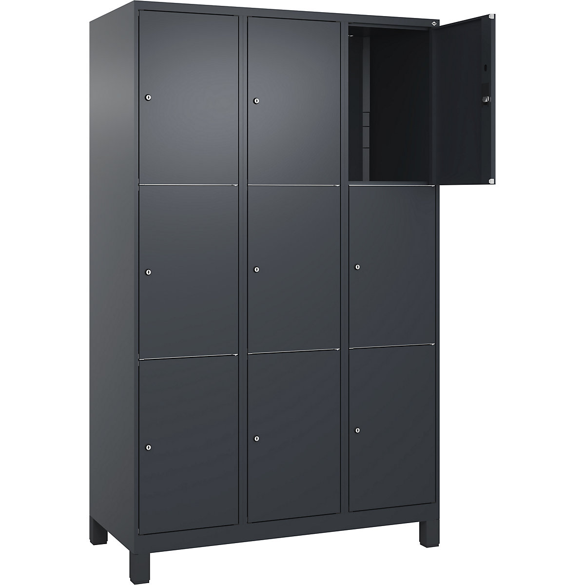 Armário de cacifos de 3 andares Classic PLUS – C+P, 3 compartimentos, cinzento, L 1200 mm, 9 compartimentos, com pés-0