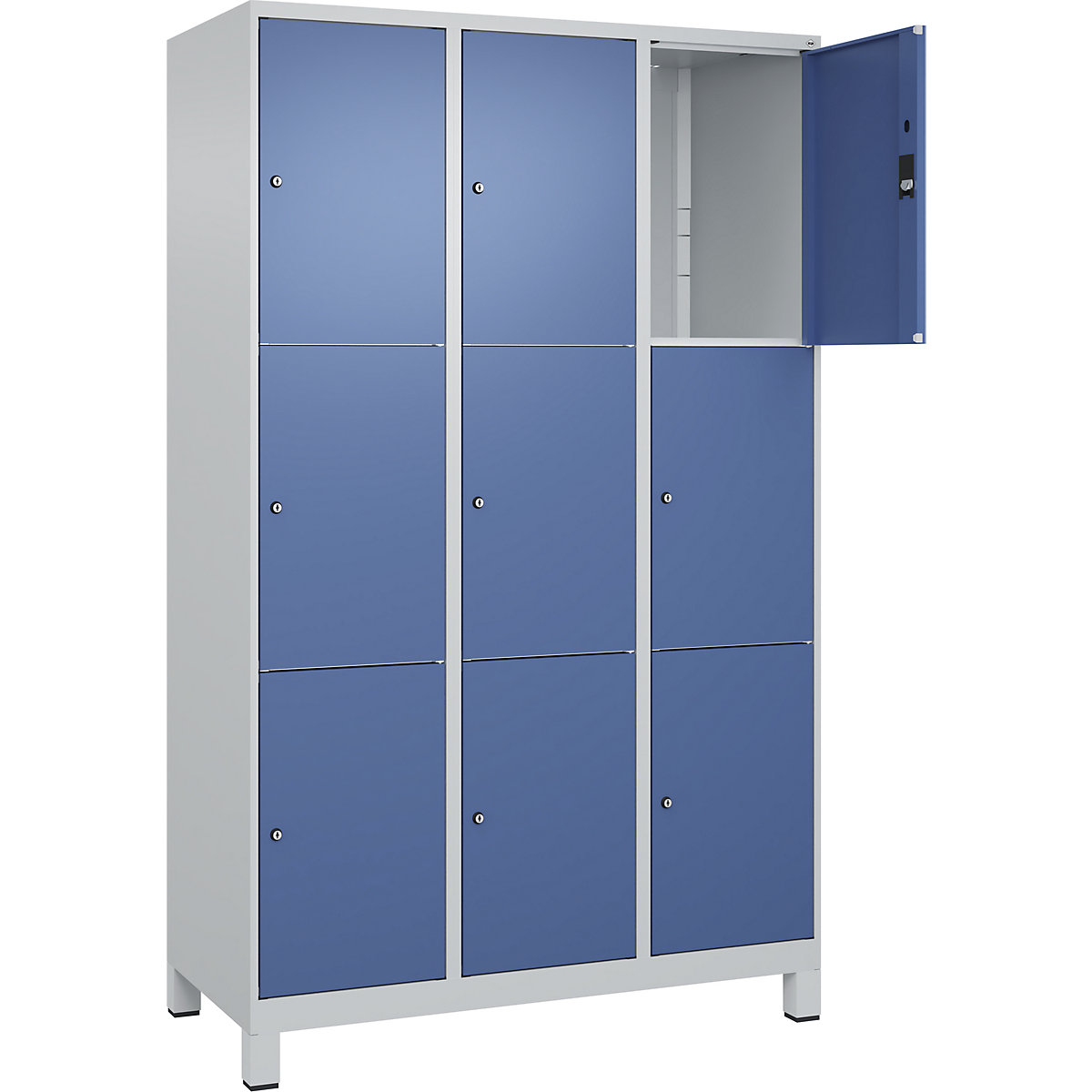Armário de cacifos de 3 andares Classic PLUS – C+P, 3 compartimentos, cinzento claro/azul distante, L 1200 mm, 9 compartimentos, com pés-0