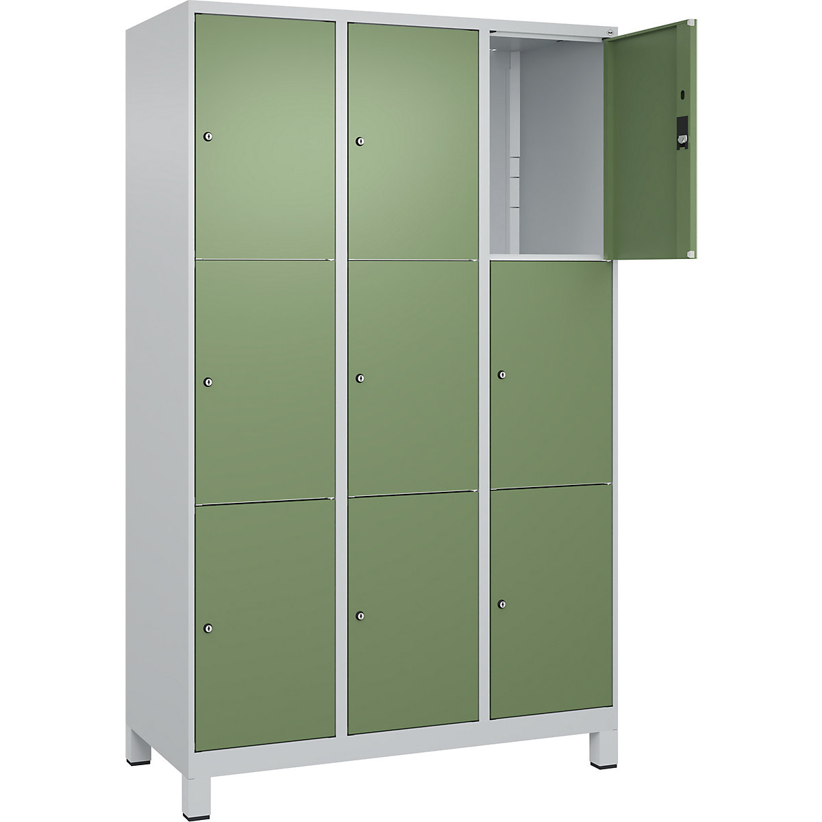 Armário de cacifos de 3 andares Classic PLUS – C+P, 3 compartimentos, cinzento claro/verde reseda, L 1200 mm, 9 compartimentos, com pés-0
