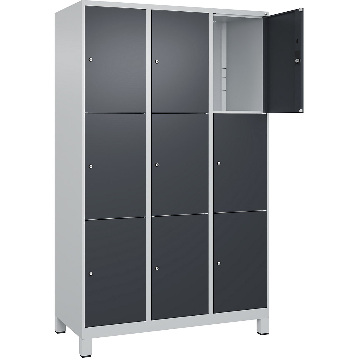 Armário de cacifos de 3 andares Classic PLUS – C+P, 3 compartimentos, cinzento claro/cinzento, L 1200 mm, 9 compartimentos, com pés-0