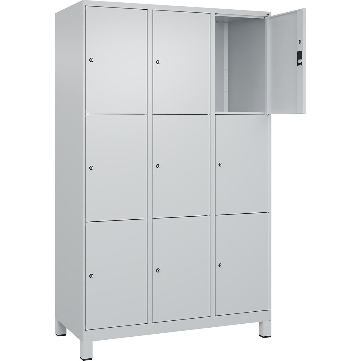 Armário de cacifos de 3 andares Classic PLUS – C+P, 3 compartimentos, cinzento claro, L 1200 mm, 9 compartimentos, com pés-0