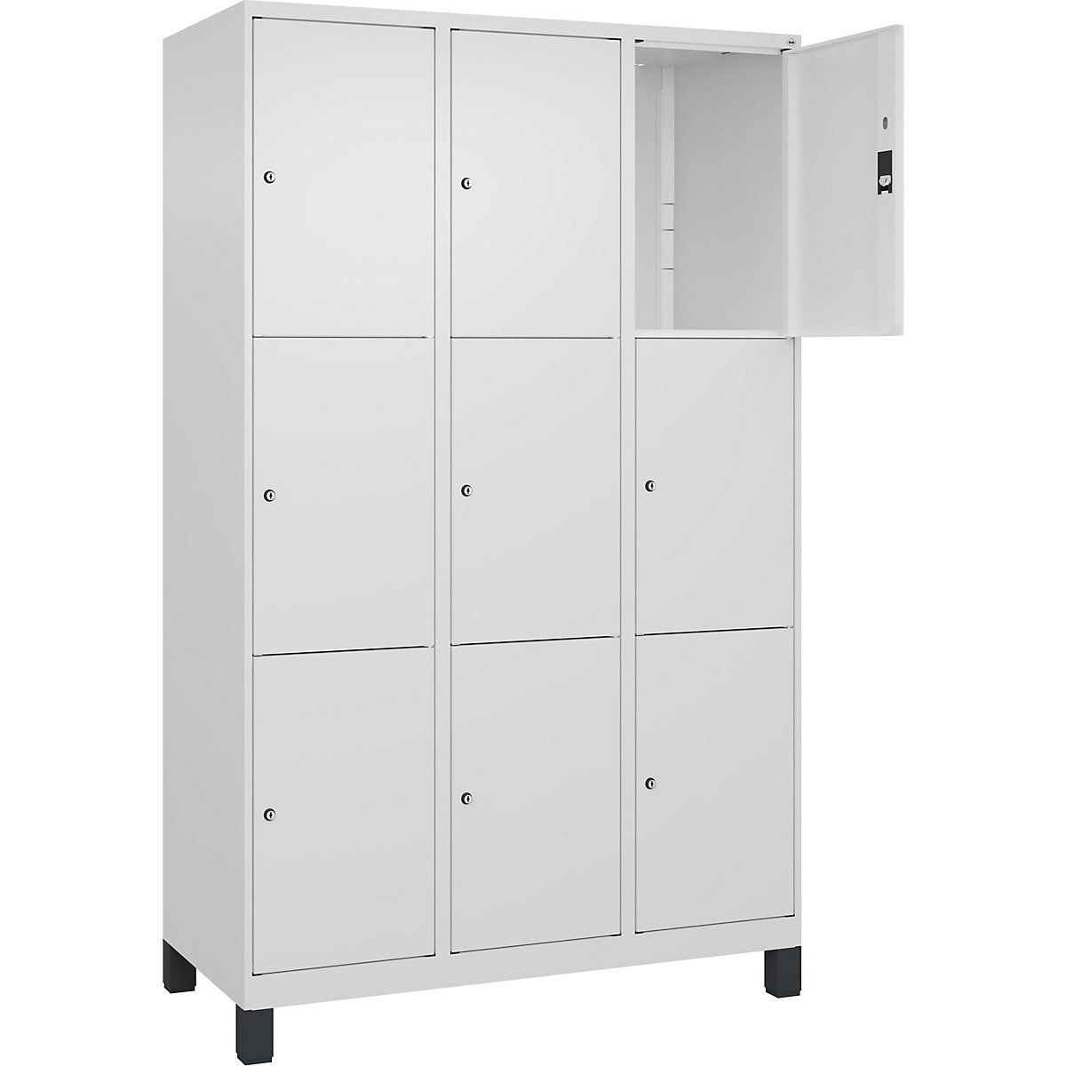 Armário de cacifos de 3 andares Classic PLUS – C+P, 3 compartimentos, branco trânsito, L 1200 mm, 9 compartimentos, com pés-0