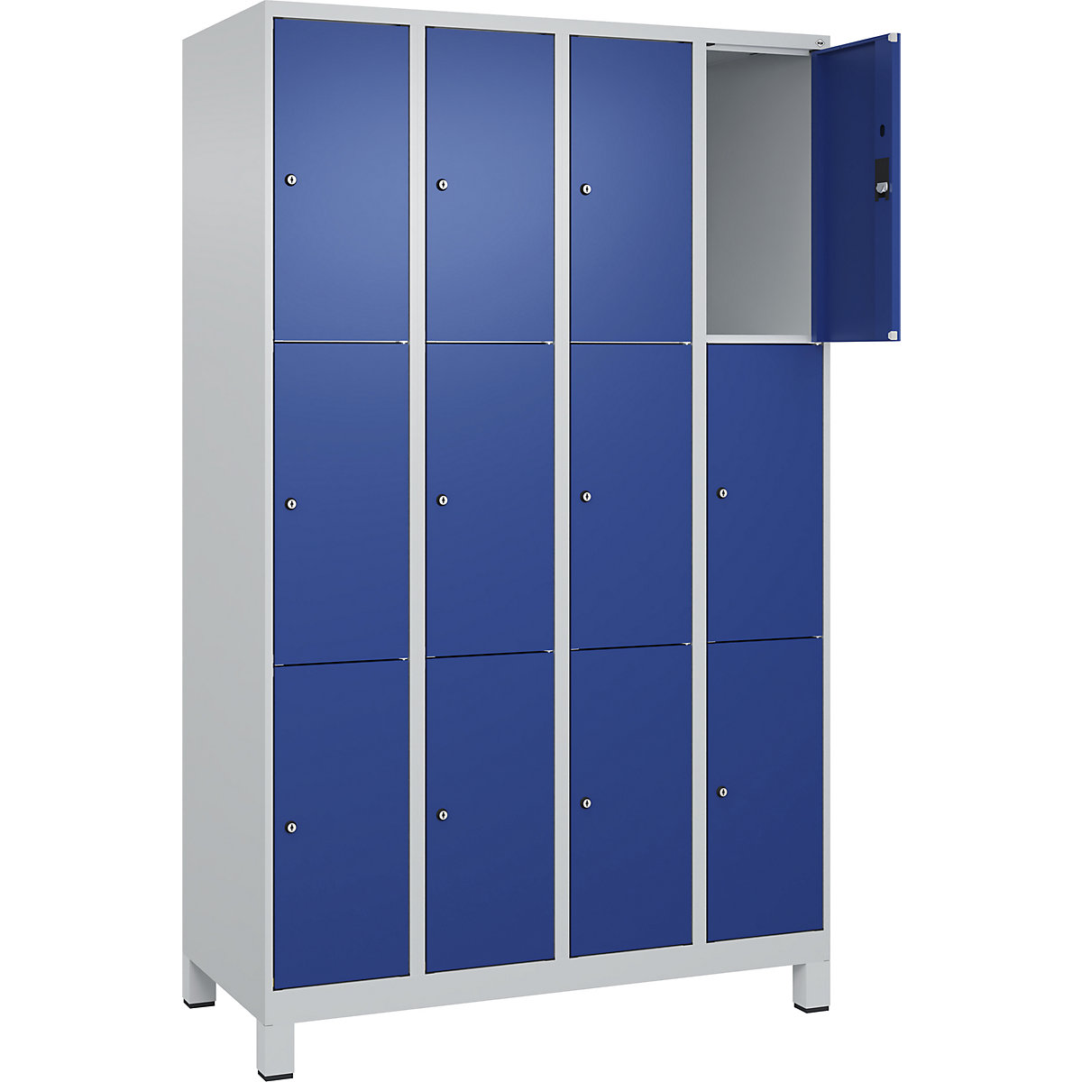 Armário de cacifos de 3 andares Classic PLUS – C+P, 4 compartimentos, cinzento claro/azul genciana, L 1200 mm, 12 compartimentos, com pés-0