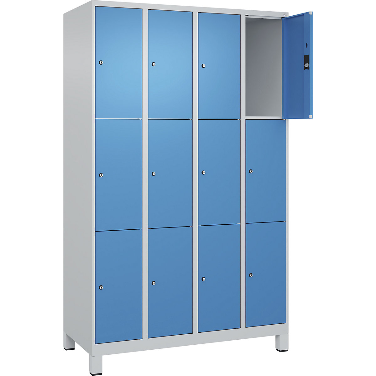 Armário de cacifos de 3 andares Classic PLUS – C+P, 4 compartimentos, cinzento claro/azul claro, L 1200 mm, 12 compartimentos, com pés-0