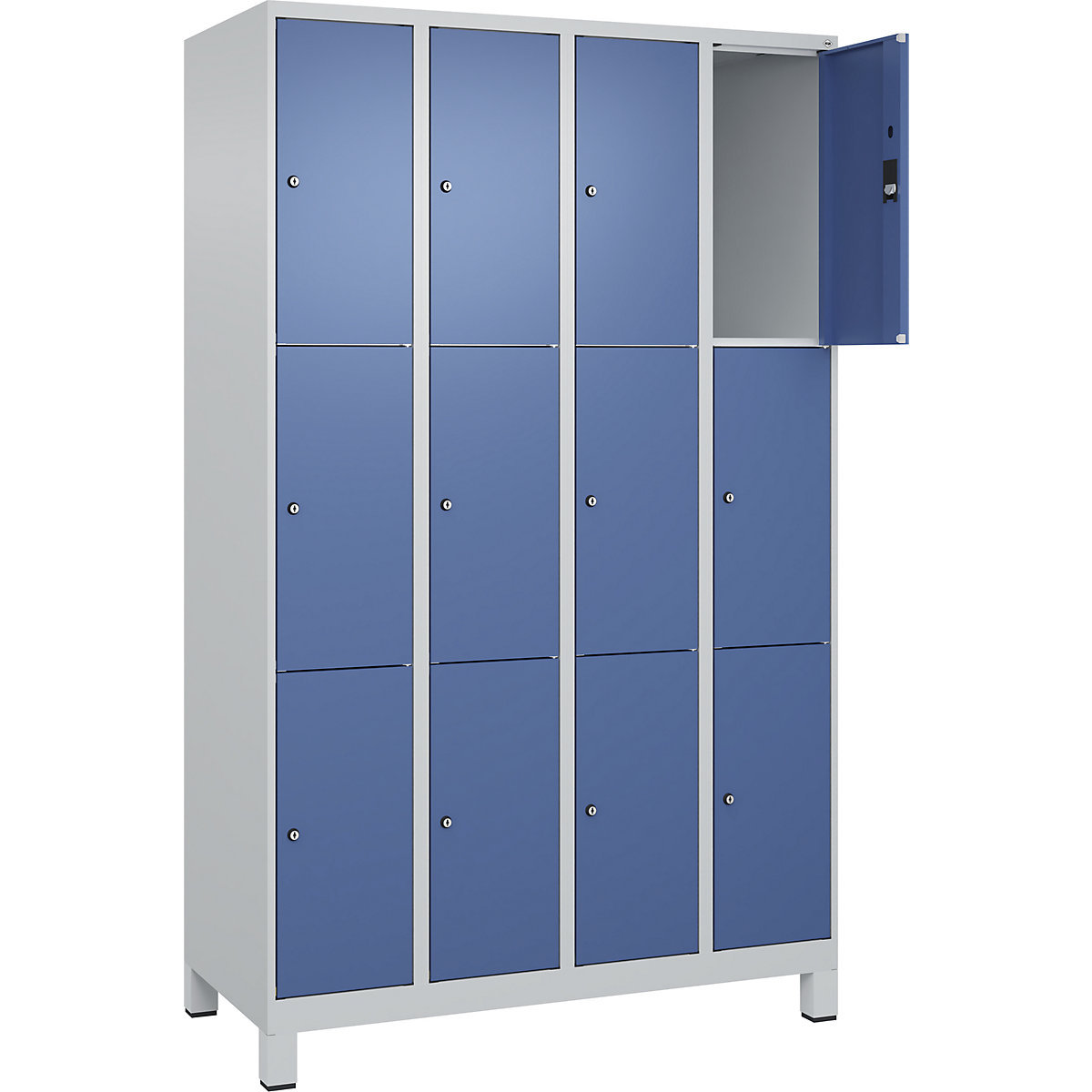 Armário de cacifos de 3 andares Classic PLUS – C+P, 4 compartimentos, cinzento claro/azul distante, L 1200 mm, 12 compartimentos, com pés-0
