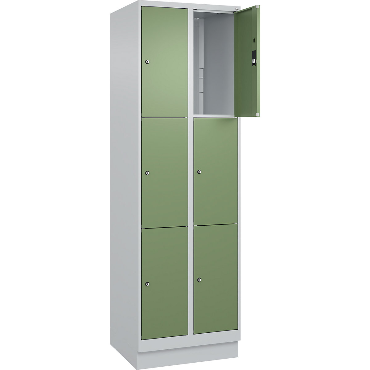 Armário de cacifos de 3 andares Classic PLUS – C+P, 2 compartimentos, cinzento claro/verde reseda, L 600 mm, 6 compartimentos, com rodapé-0