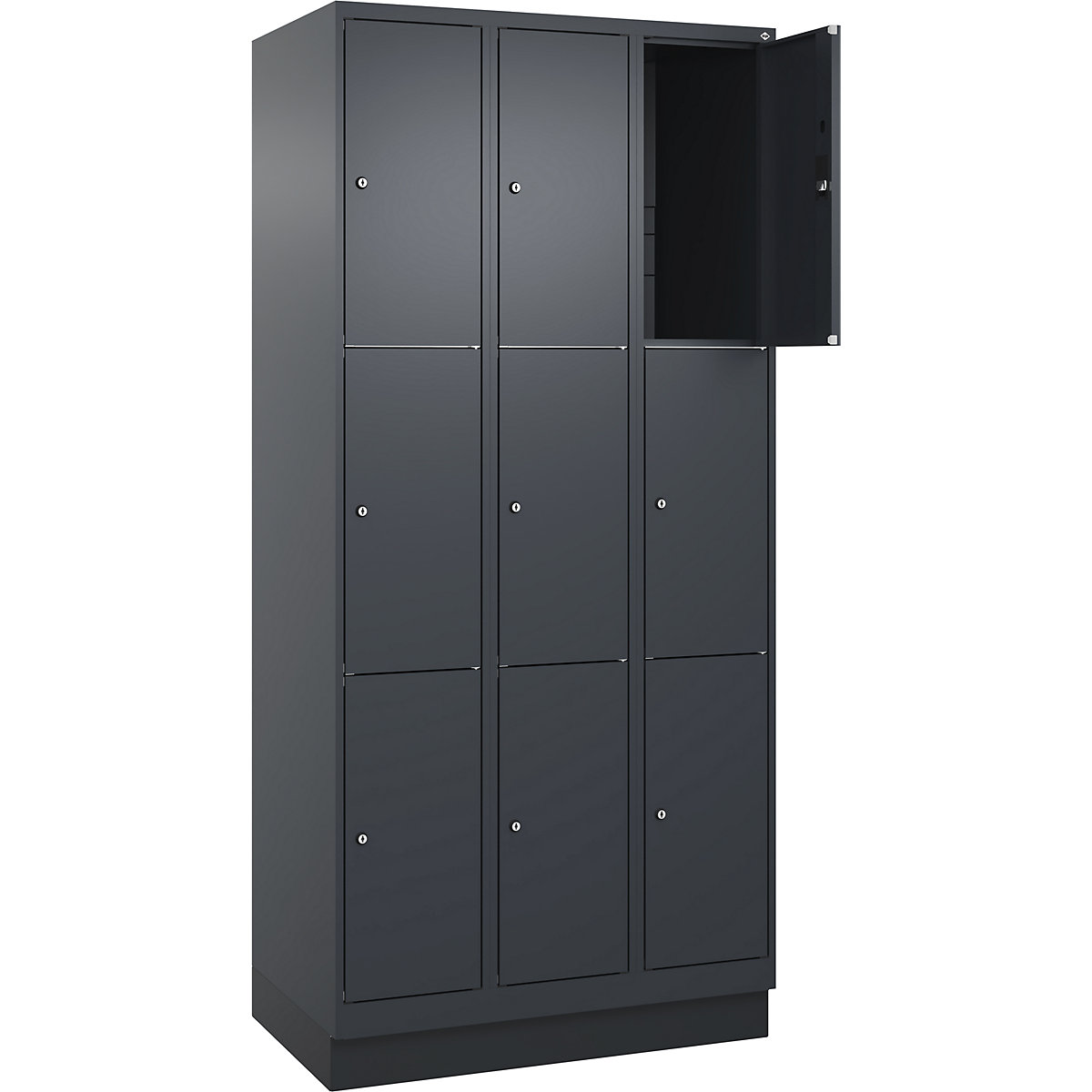 Armário de cacifos de 3 andares Classic PLUS – C+P, 3 compartimentos, cinzento, L 900 mm, 9 compartimentos, com rodapé-0